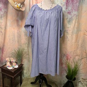 📌Terra & Sky Blue -White Striped Woven Cotton Dress Wear On or Off Shoulder